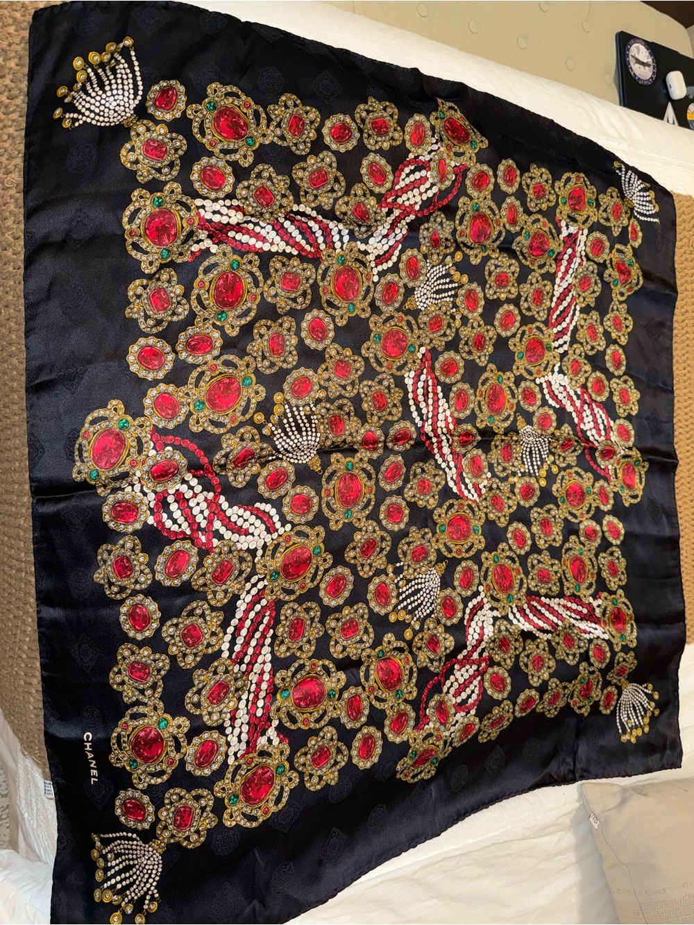 Chanel Vintage Scarf - Gripoix jewelry print - red and black